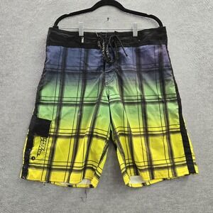 VINTAGE No Fear Men Shorts 34 Yellow Swimwear Plaid Board Shorts Logo 10" Inseam